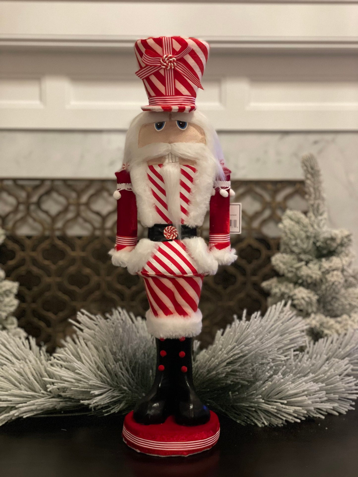 25" Nutcracker peppermint fabric styro. Candy nutcracker.