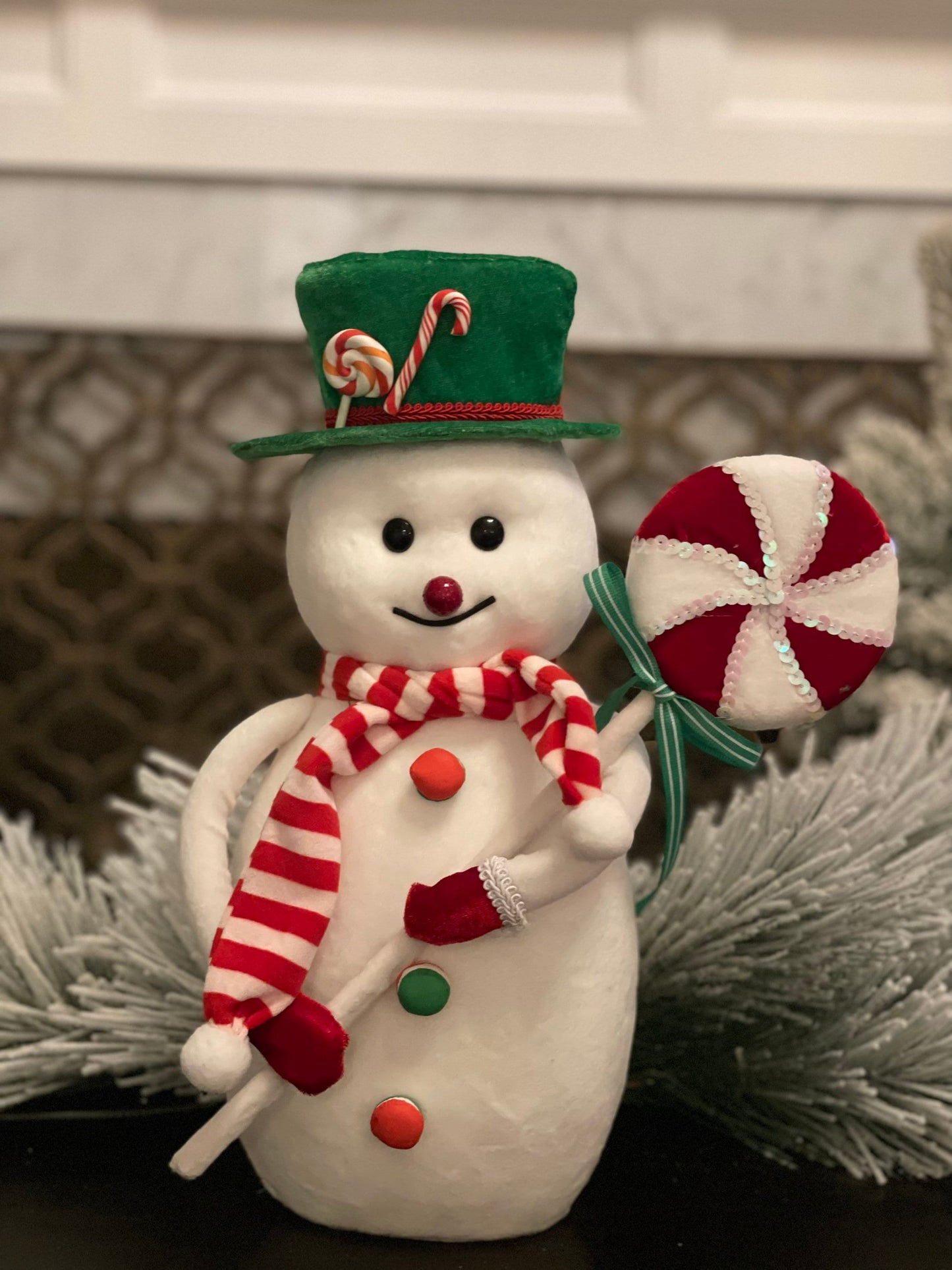 16"velvet snowman w/scarf & lollipop