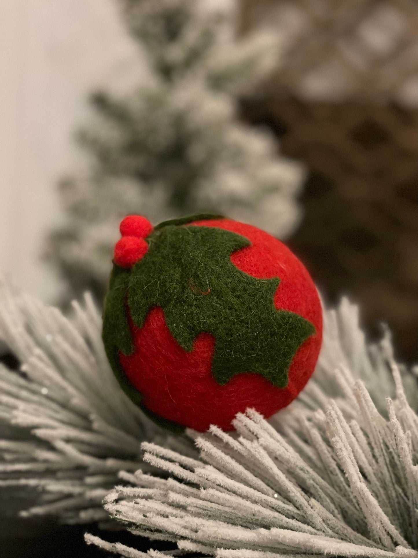4” felt holly leaf ball ornament. SET of 2.