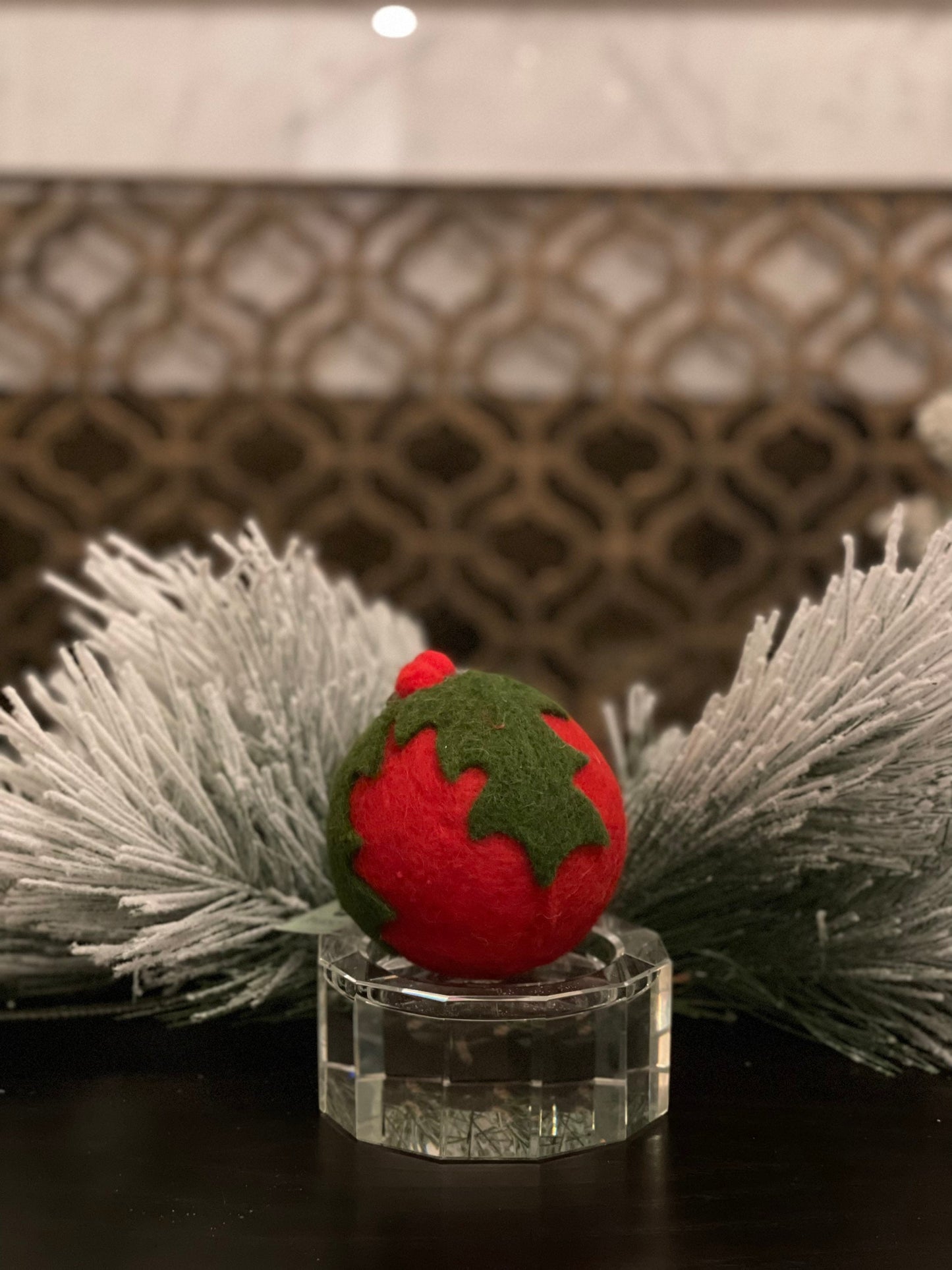 4” felt holly leaf ball ornament. SET of 2.