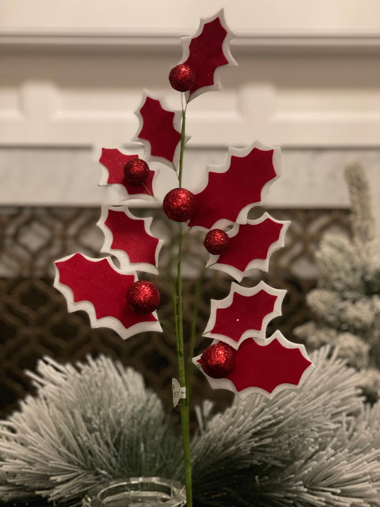 SET of 3. 31.5" felt holly sparkle berry spray.
