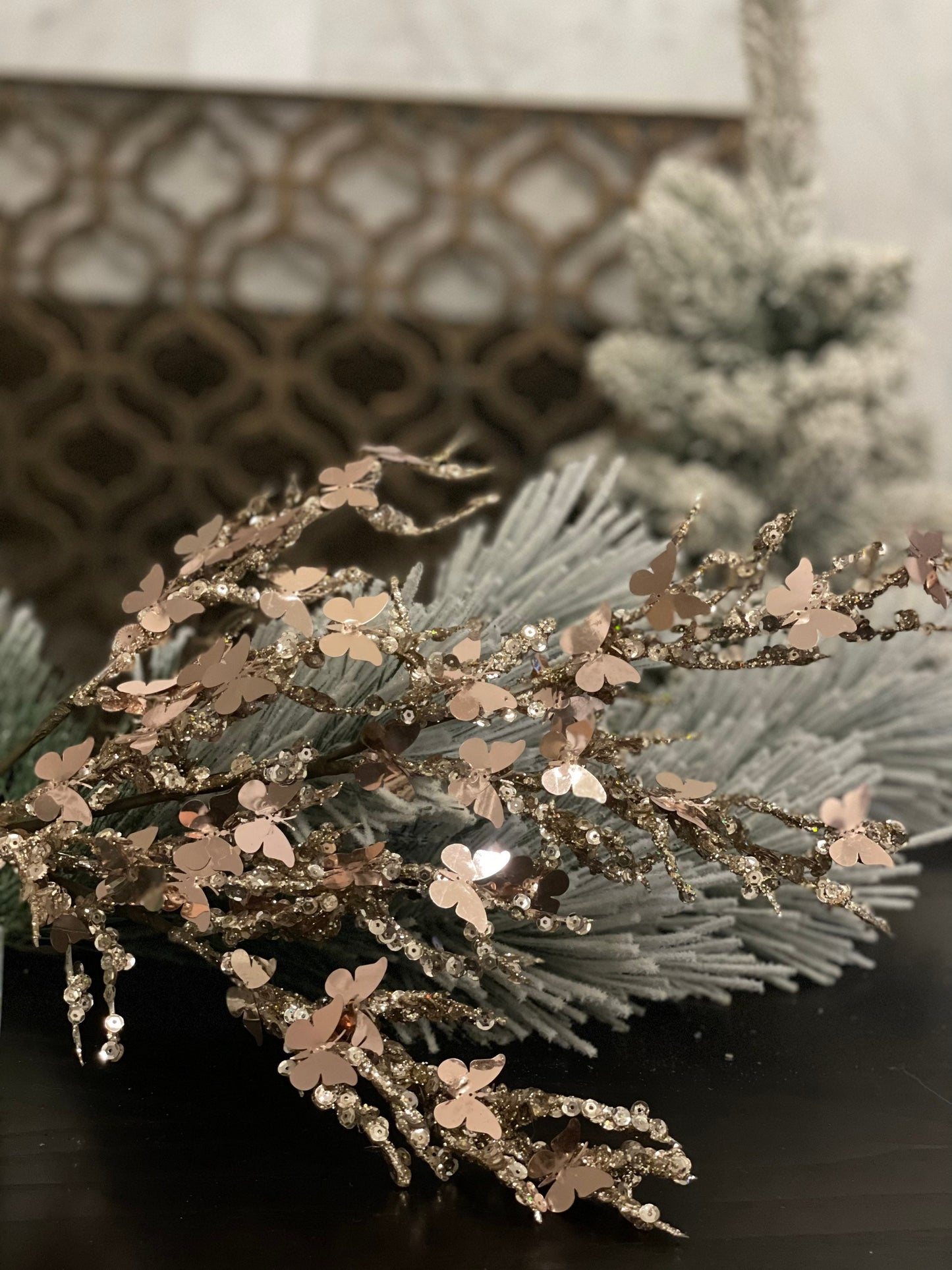 SET of 2. 27.5” sequin mini butterfly spray. Champagne . SET of 2. Green flocked branch NOT included.