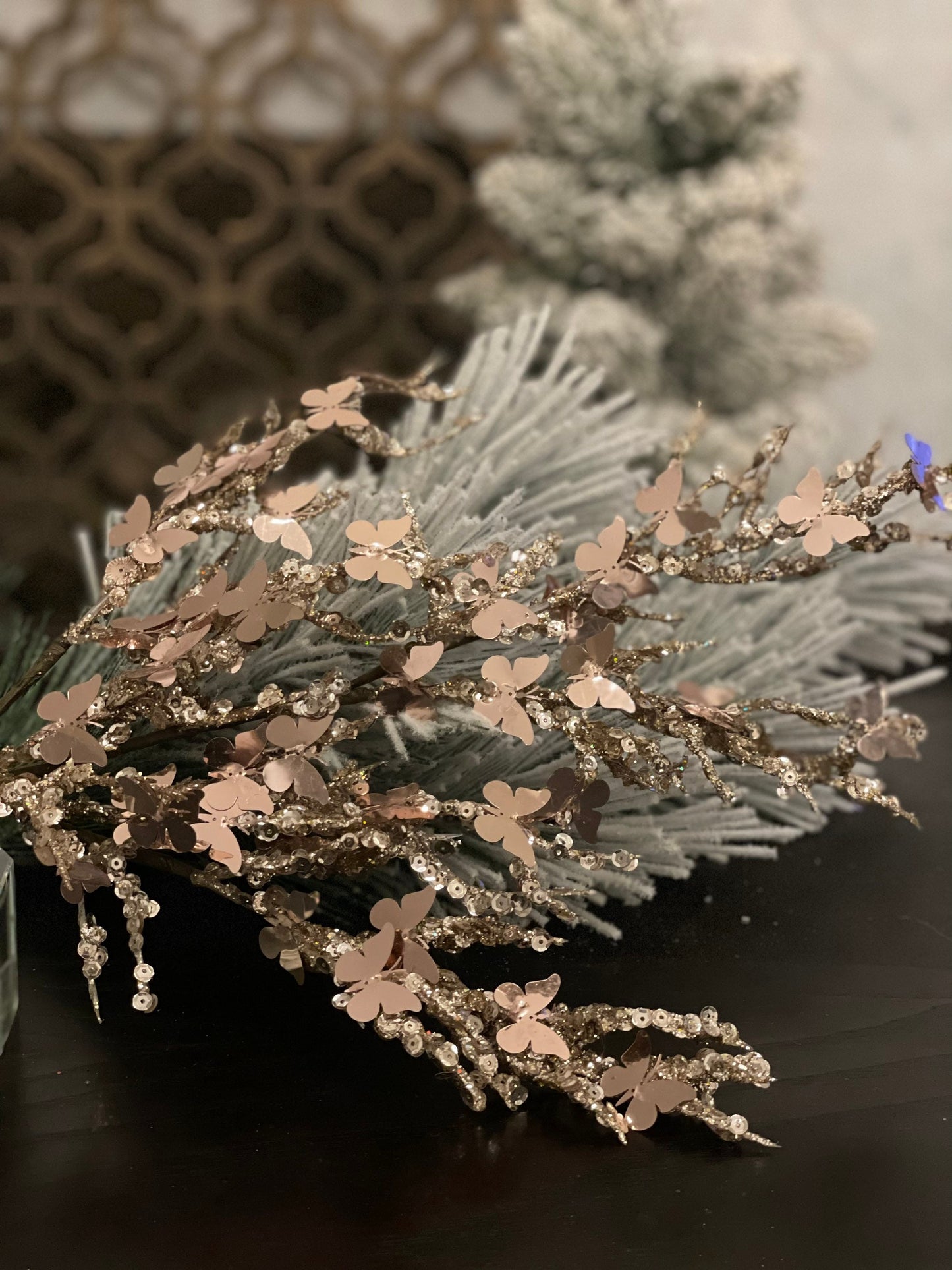 SET of 2. 27.5” sequin mini butterfly spray. Champagne . SET of 2. Green flocked branch NOT included.