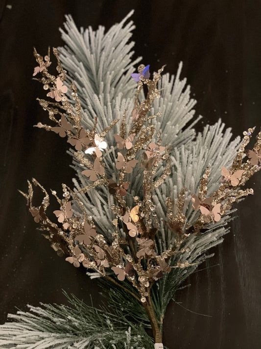 SET of 2. 27.5” sequin mini butterfly spray. Champagne . SET of 2. Green flocked branch NOT included.