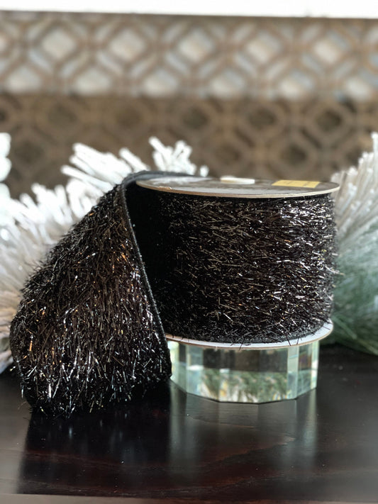 4"x5 yards tinsel ribbon black. Wired.