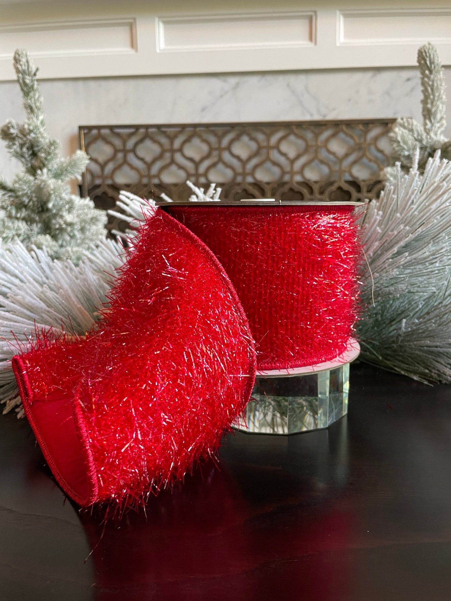 4"x5 yards tinsel red ribbon. Wired.