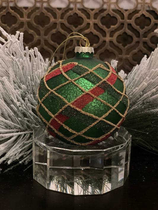 4" mercury glass beaded plaid ball ornament. Green, red and gold. Beautiful!