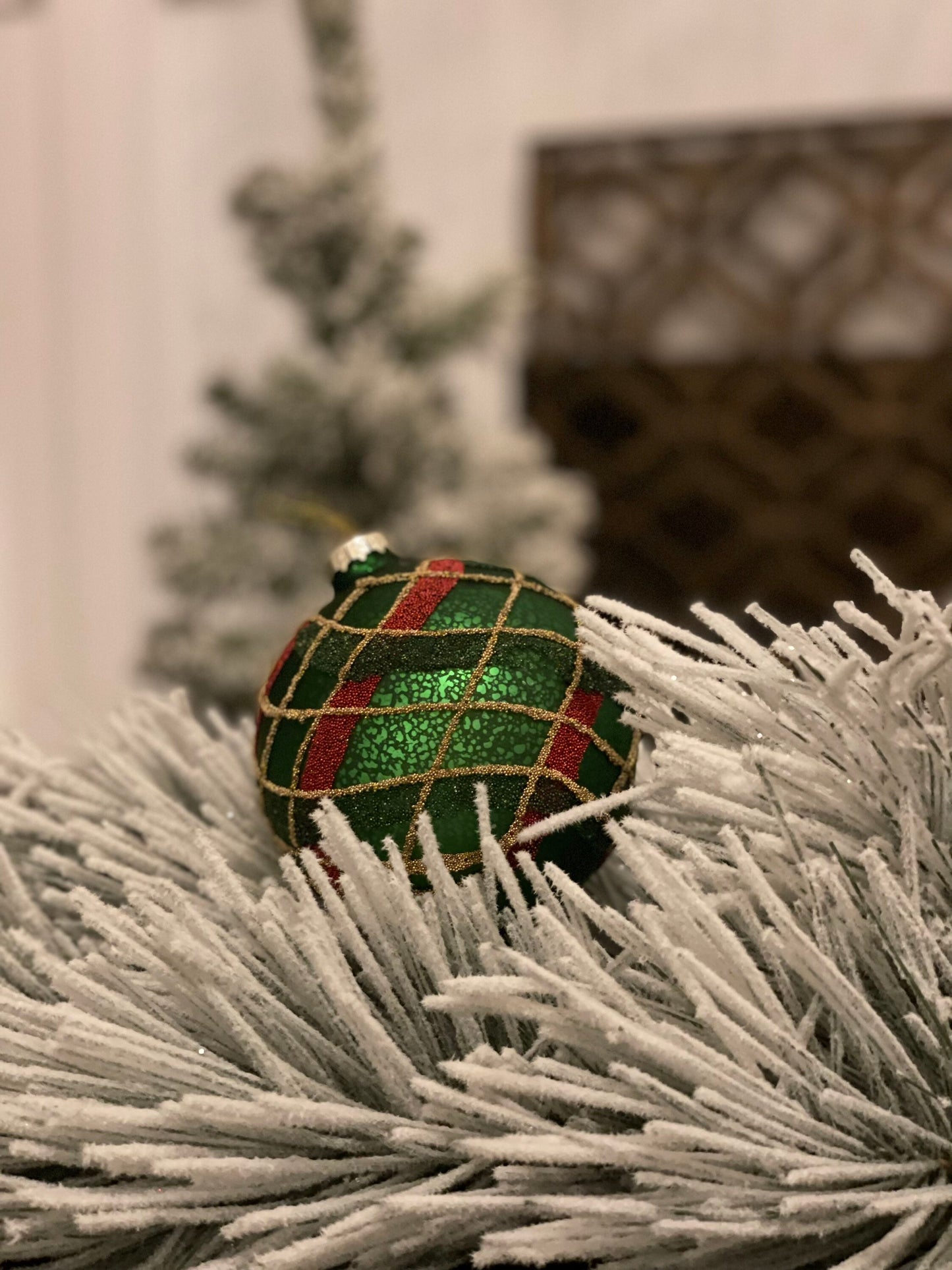 4" mercury glass beaded plaid ball ornament. Green, red and gold. Beautiful!