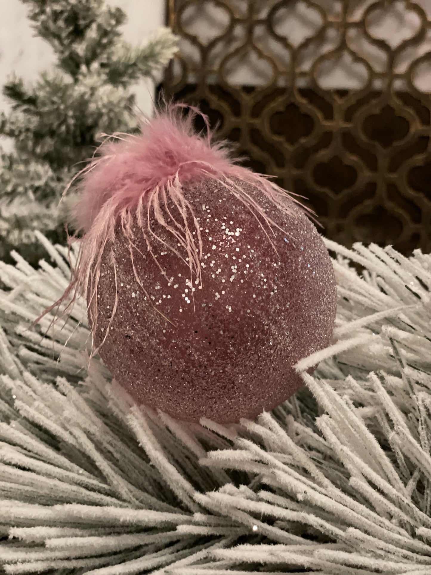 4" glass beaded with feather top ball ornament. Pink. Beautiful!
