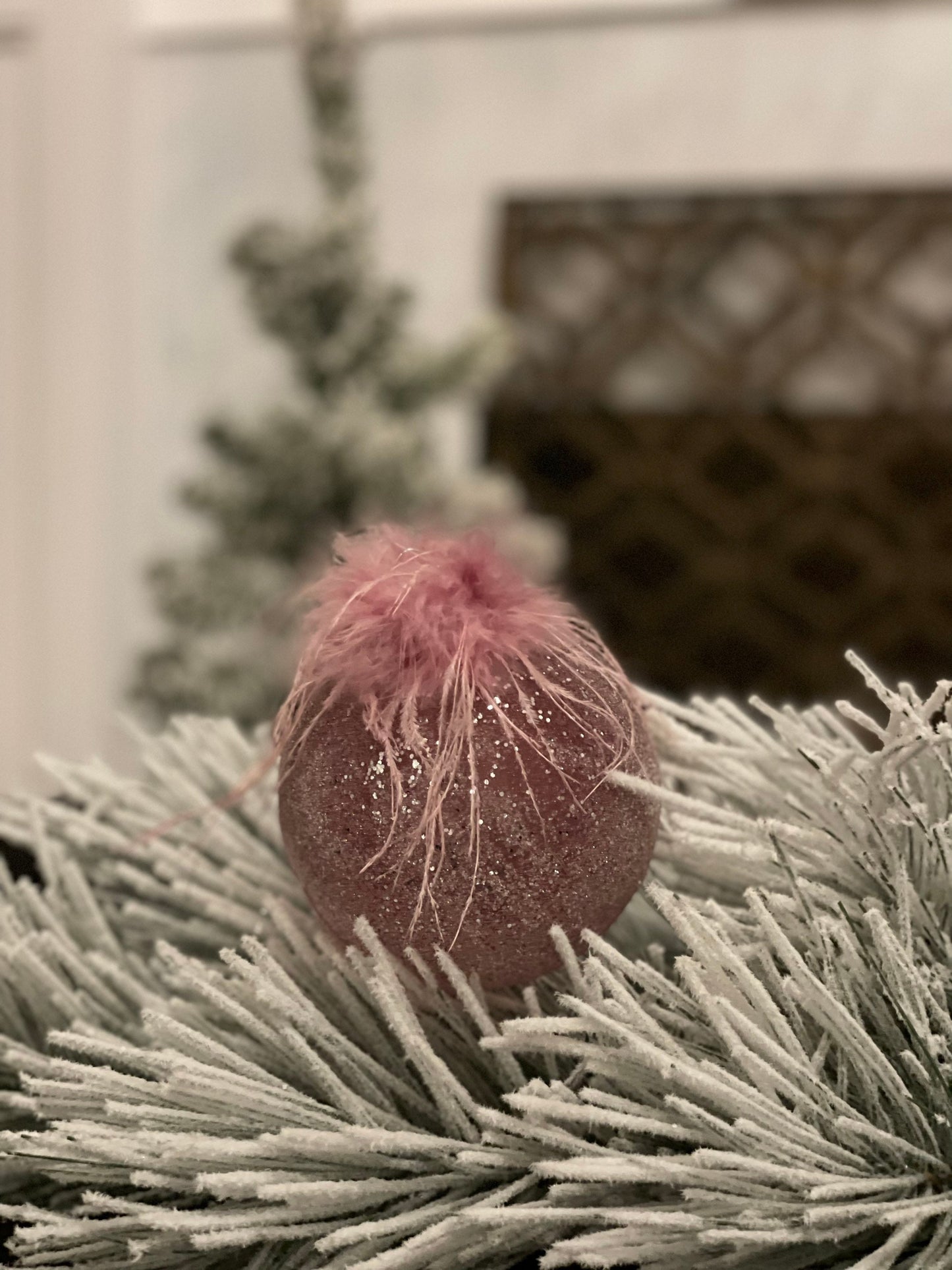 4" glass beaded with feather top ball ornament. Pink. Beautiful!