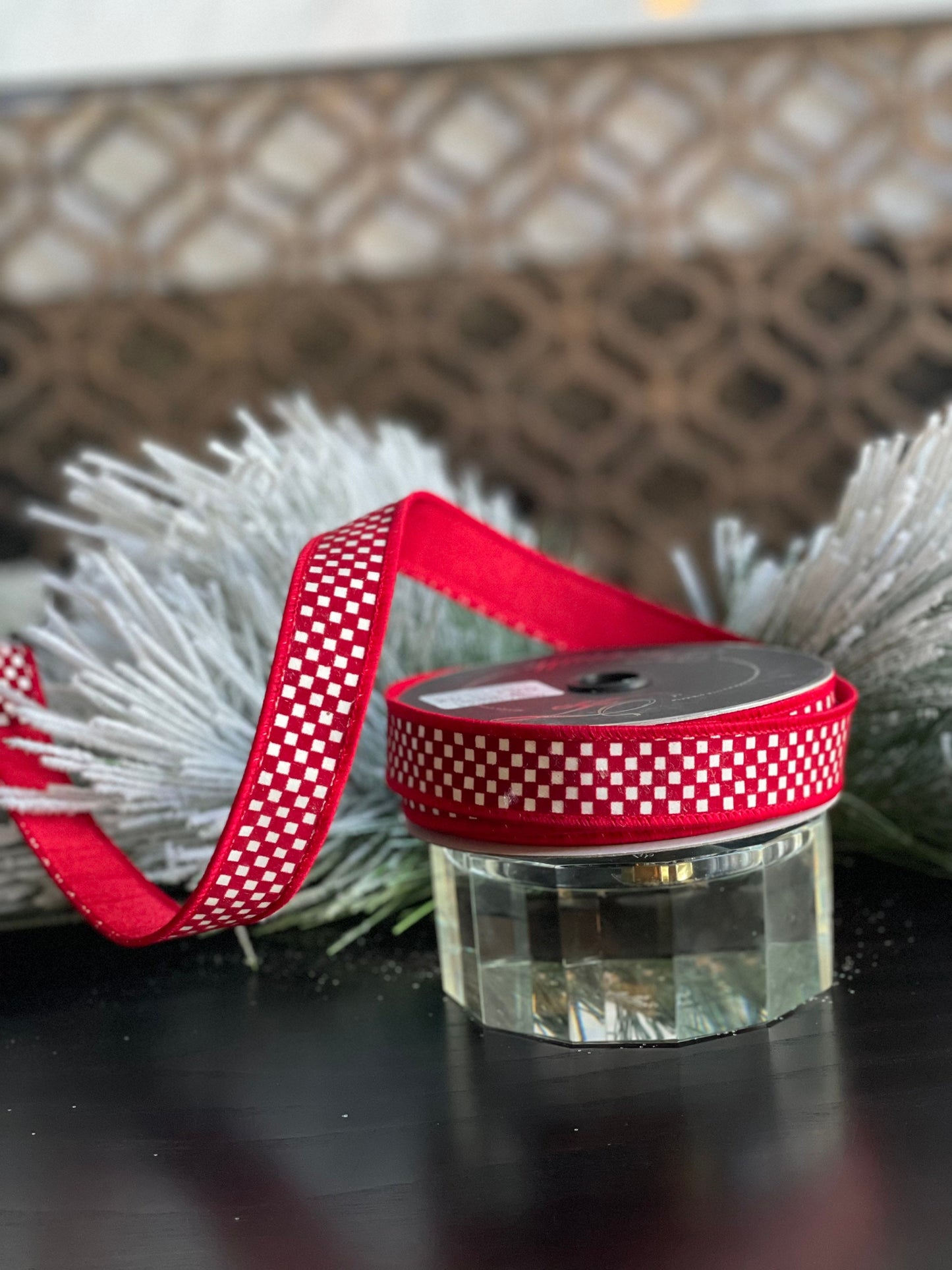 1” X 10 yds. Ribbon Mini checks red and white. Wired. Farrisilk.