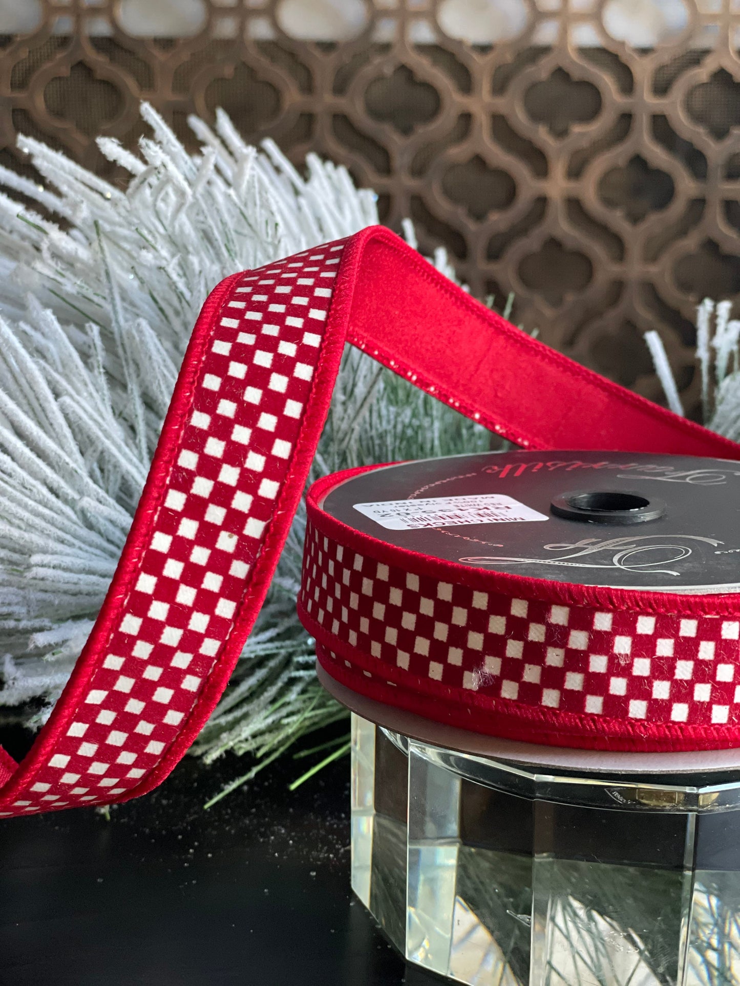 1” X 10 yds. Ribbon Mini checks red and white. Wired. Farrisilk.