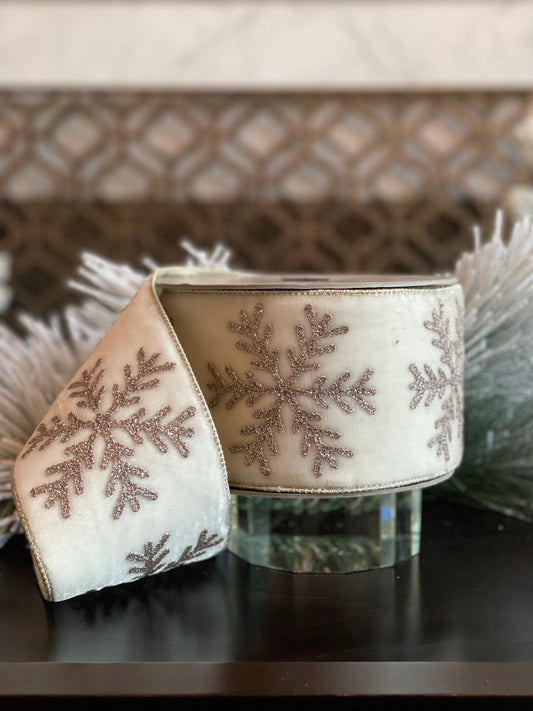 Designer plush velvet large platinum glitter snowflake winter white ribbon. 4” x 10 yards.*