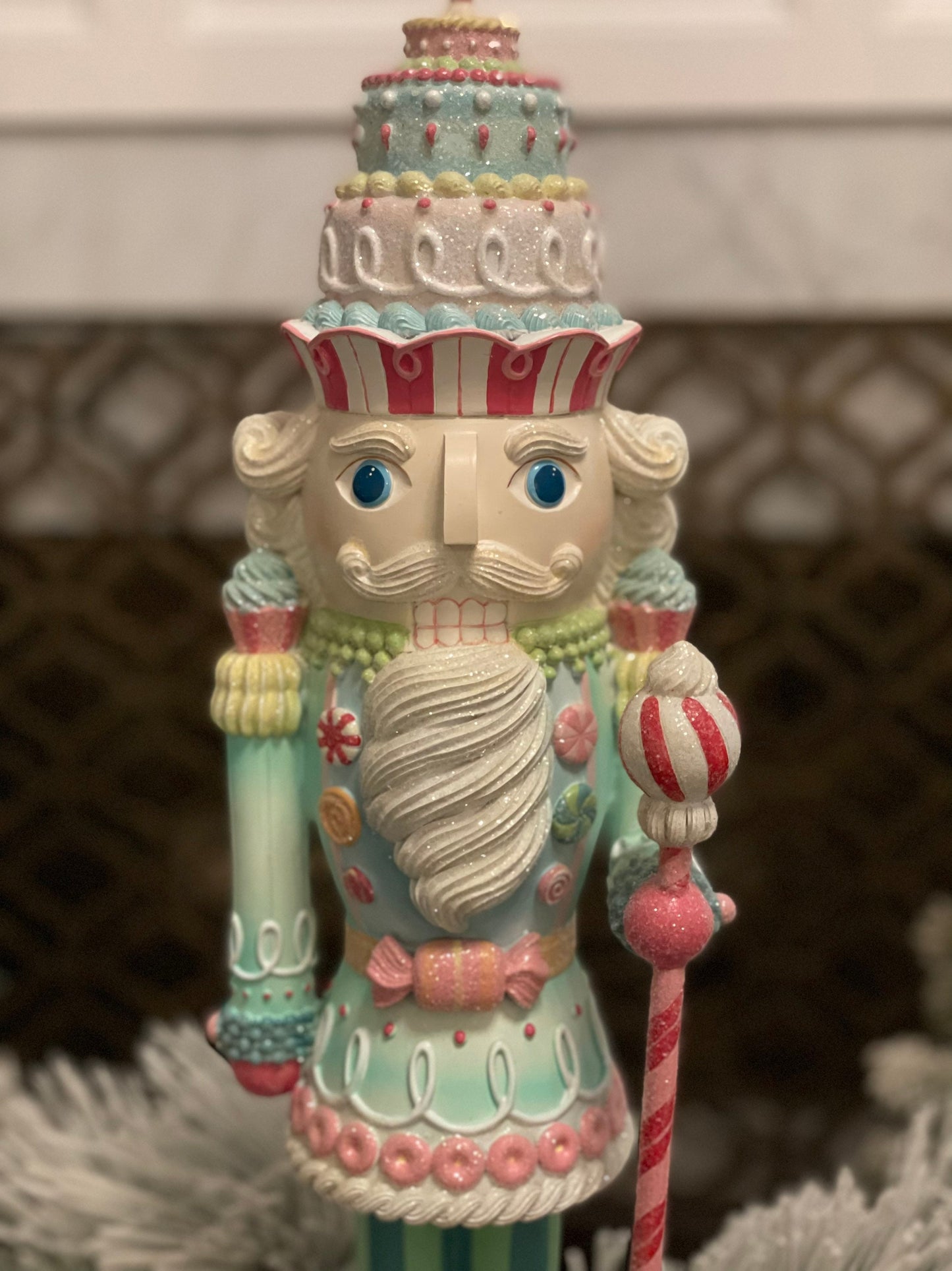 22” Nutcracker resin pastel peppermint. Sweet nutcracker!