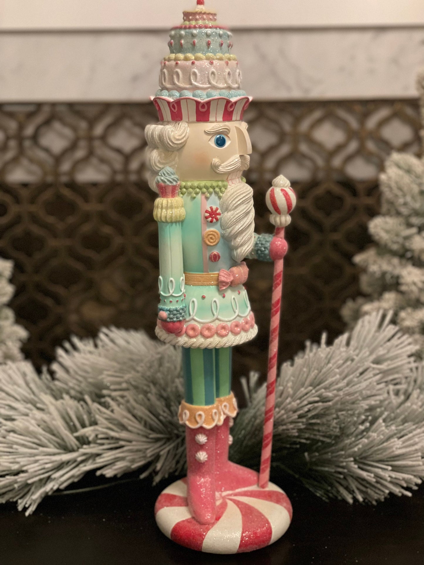 22” Nutcracker resin pastel peppermint. Sweet nutcracker!