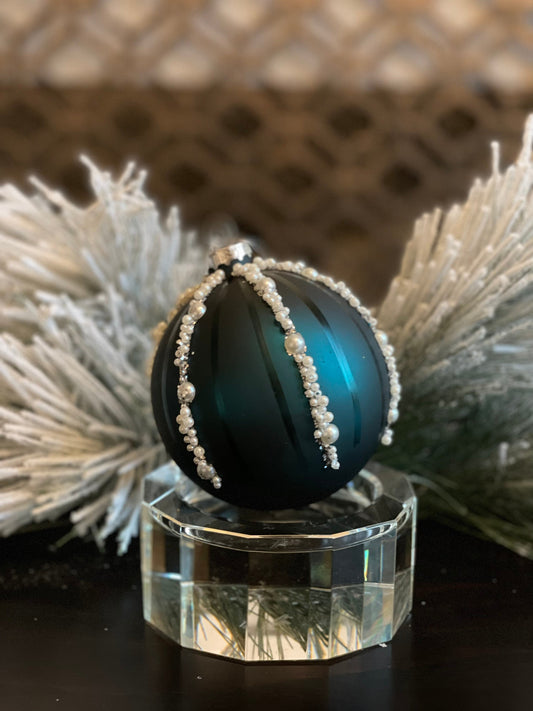SET of 3. 4” glass pearl bead glitter stripe ball ornament. Emerald green.