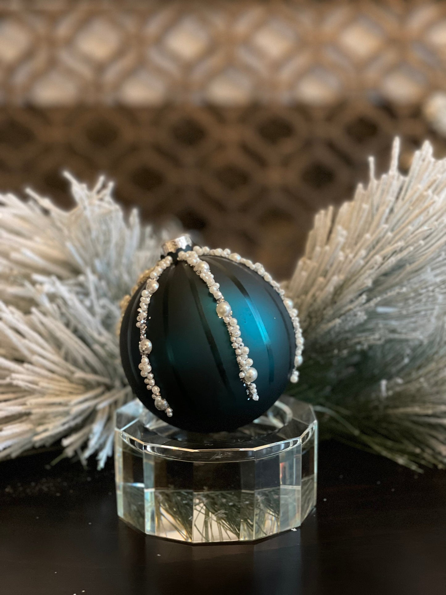 SET of 3. 4” glass pearl bead glitter stripe ball ornament. Emerald green.