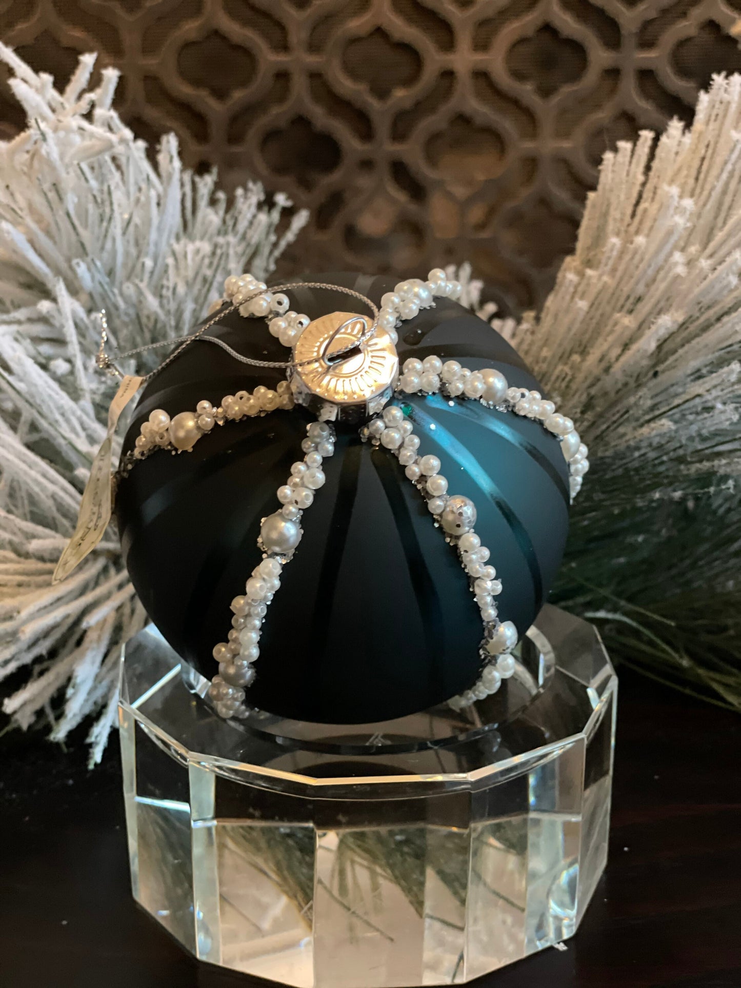 SET of 3. 4” glass pearl bead glitter stripe ball ornament. Emerald green.