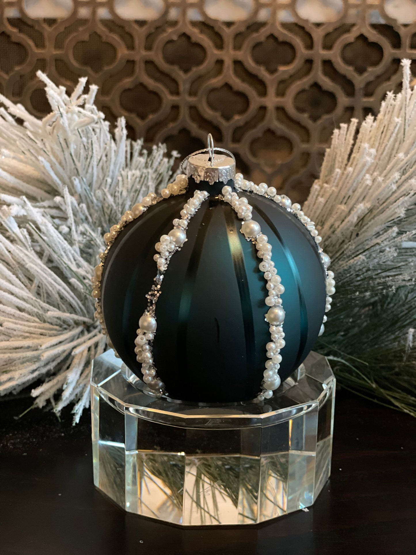 SET of 3. 4” glass pearl bead glitter stripe ball ornament. Emerald green.