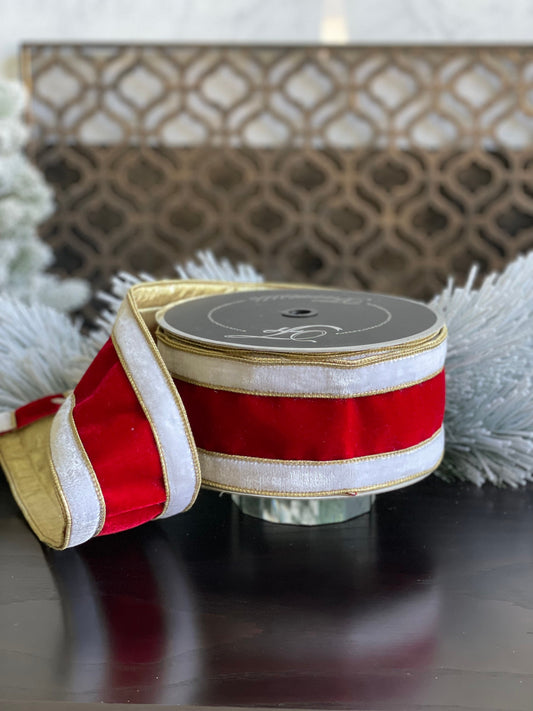 4" x 10 yds. Red, White and Gold Santa Velvet Ribbon. Wired. Beautiful!