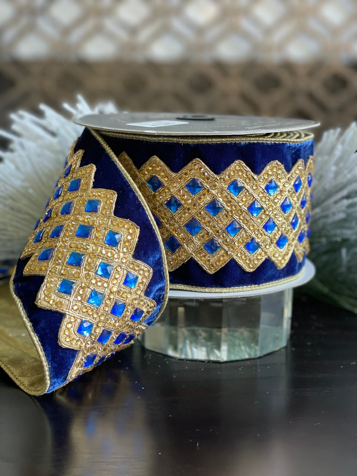 4” x 5 yds. Velvet bejeweled lattice indigo ribbon.