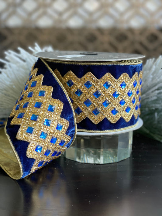 4” x 5 yds. Velvet bejeweled lattice indigo ribbon.