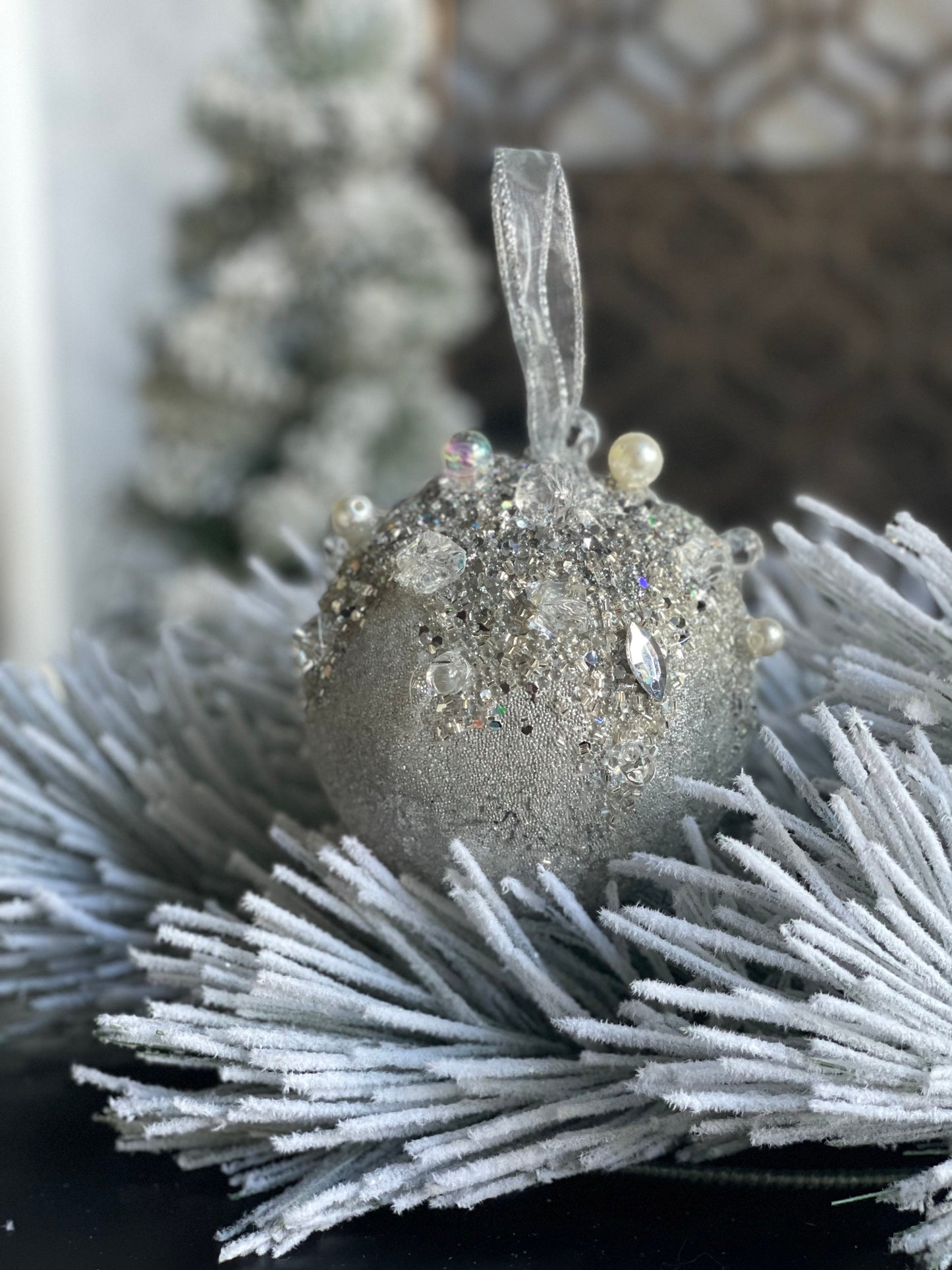 5” Beaded bejeweled ball silver