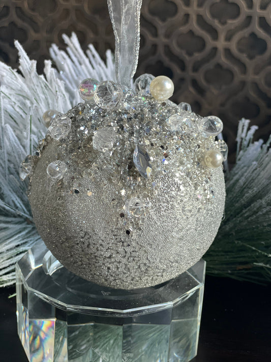 5” Beaded bejeweled ball silver