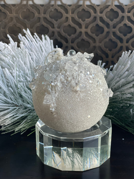4” Beaded bejeweled ball white