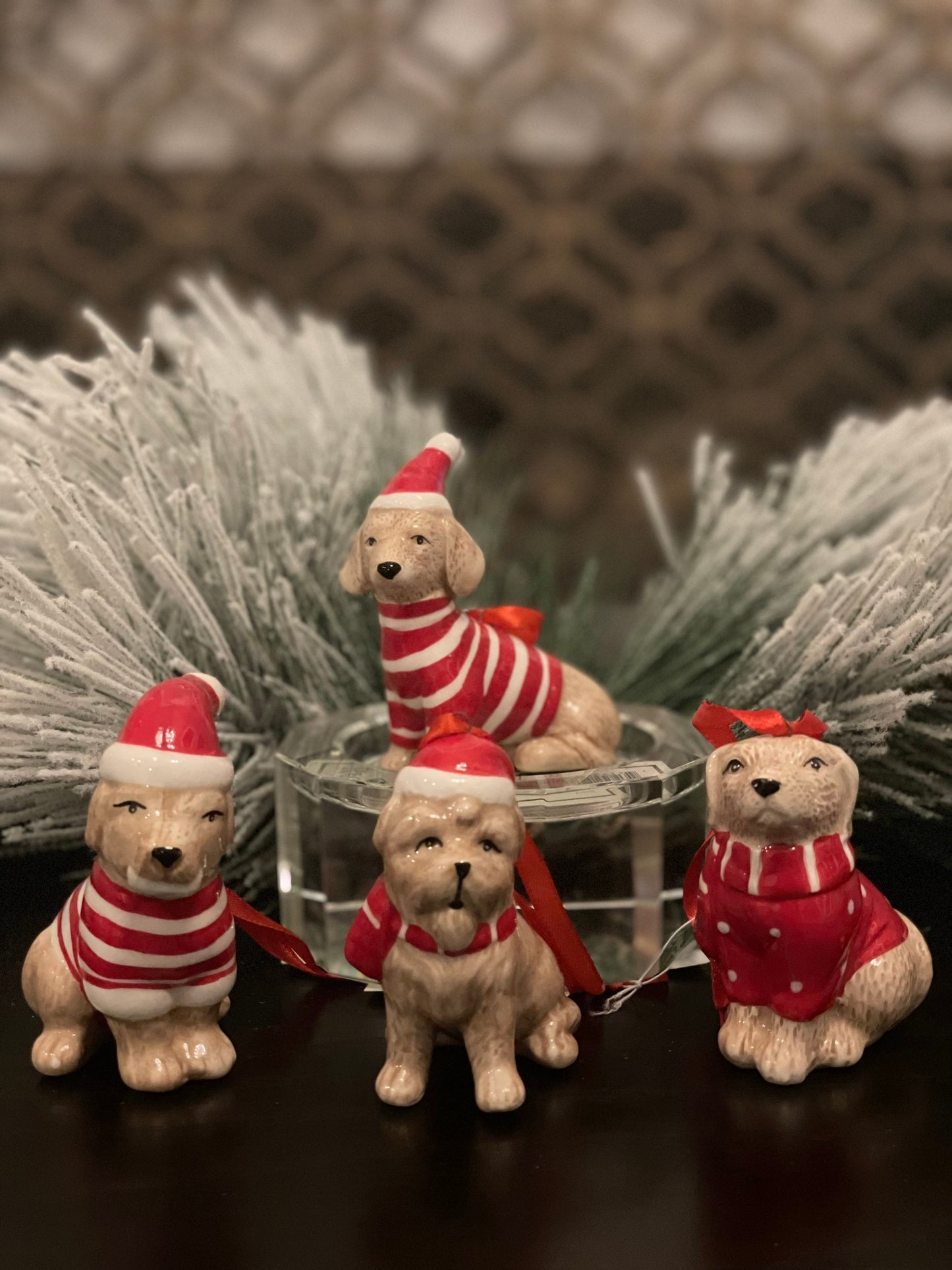 3.5” dolomite chistmas dog ornament. Set of 4 dogs.