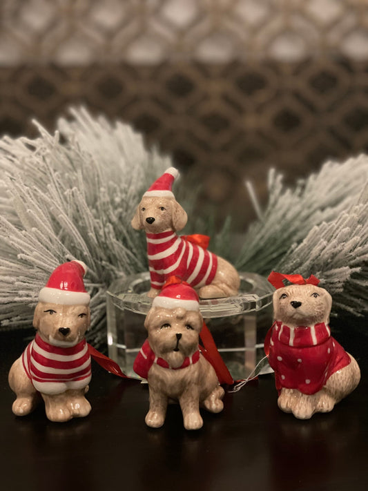 3.5” dolomite chistmas dog ornament. Set of 4 dogs.