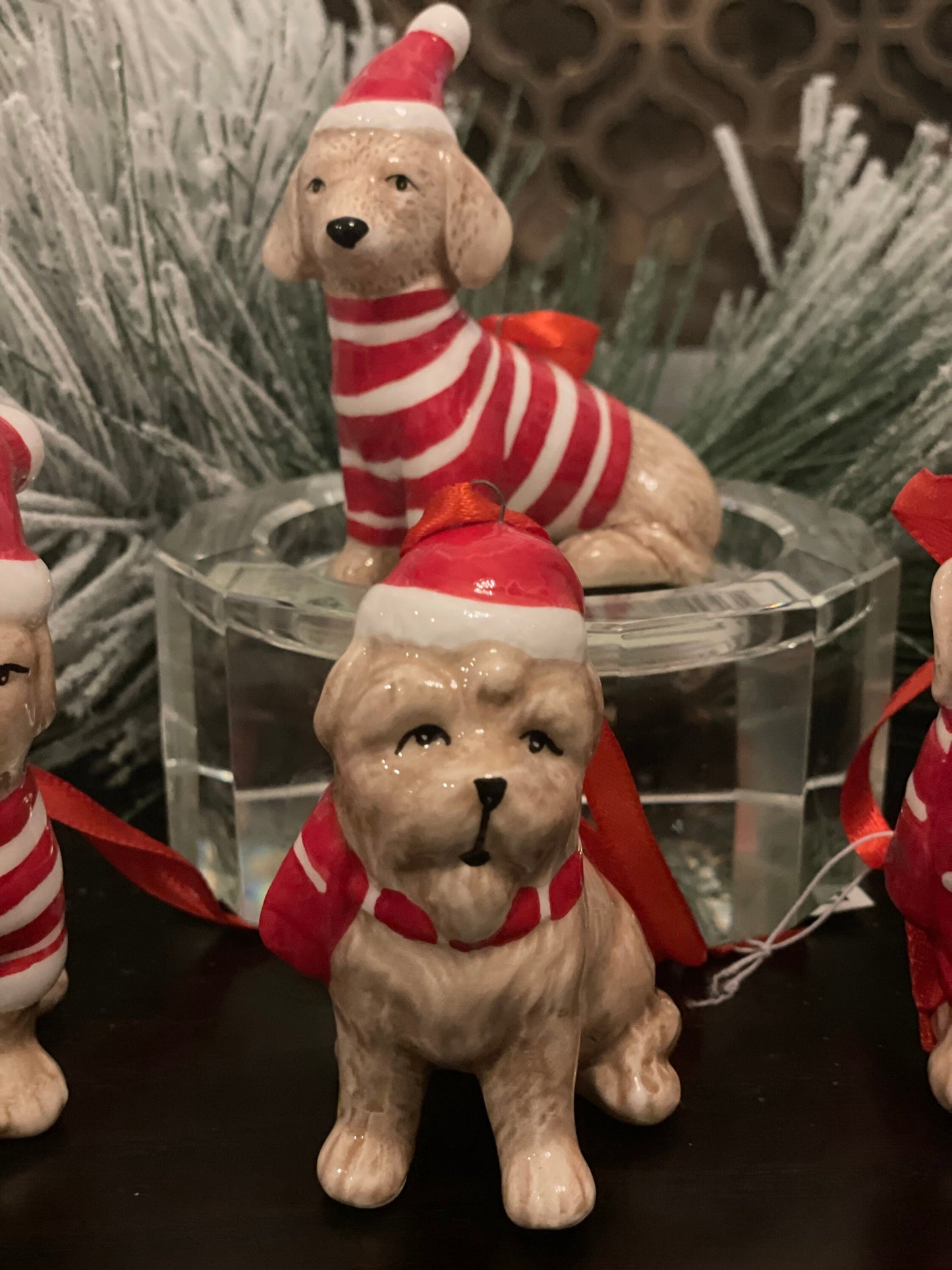 3.5” dolomite chistmas dog ornament. Set of 4 dogs.