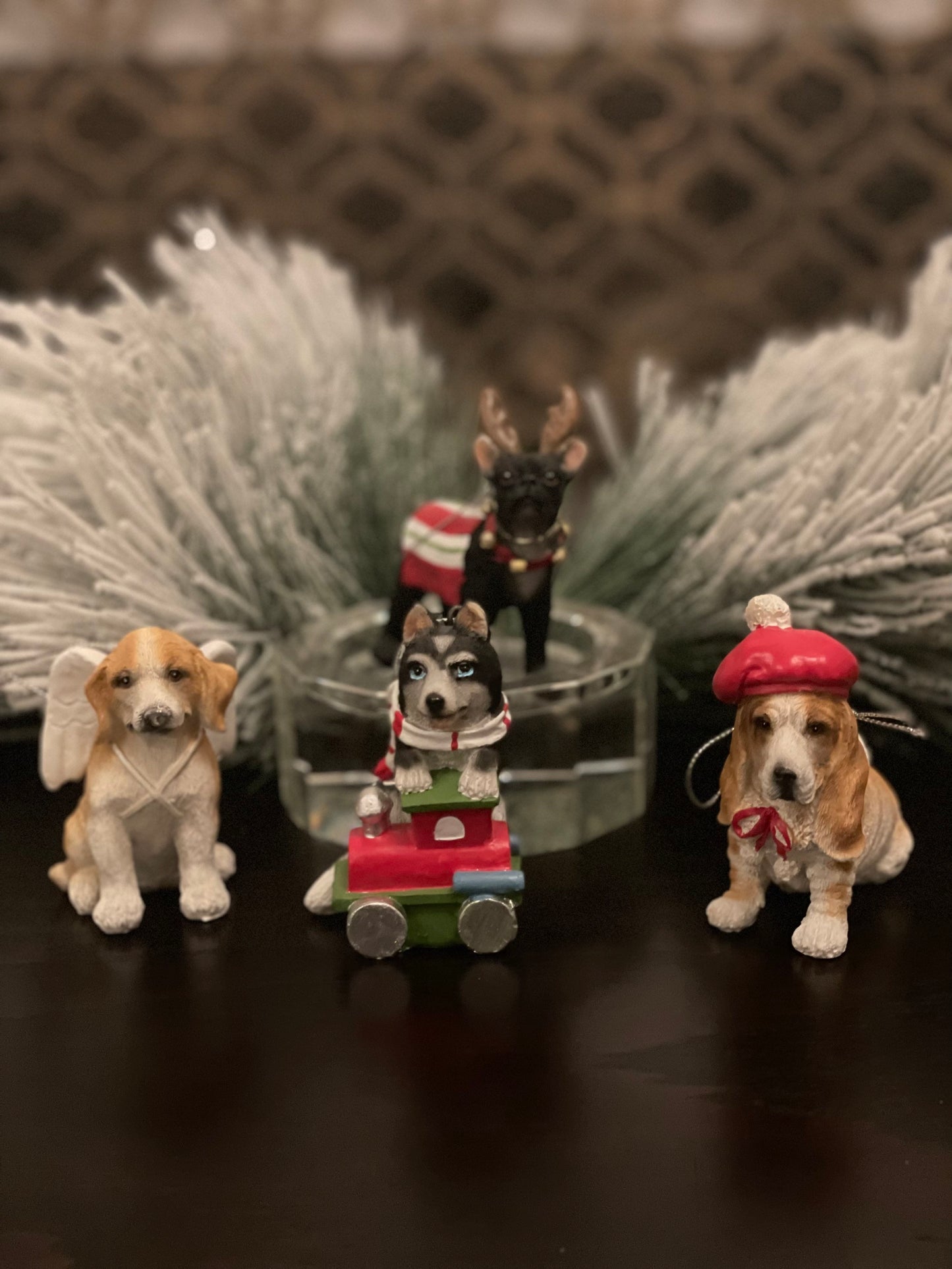 3.5” resin dapper chistmas dog ornament. Set of 4 dogs.