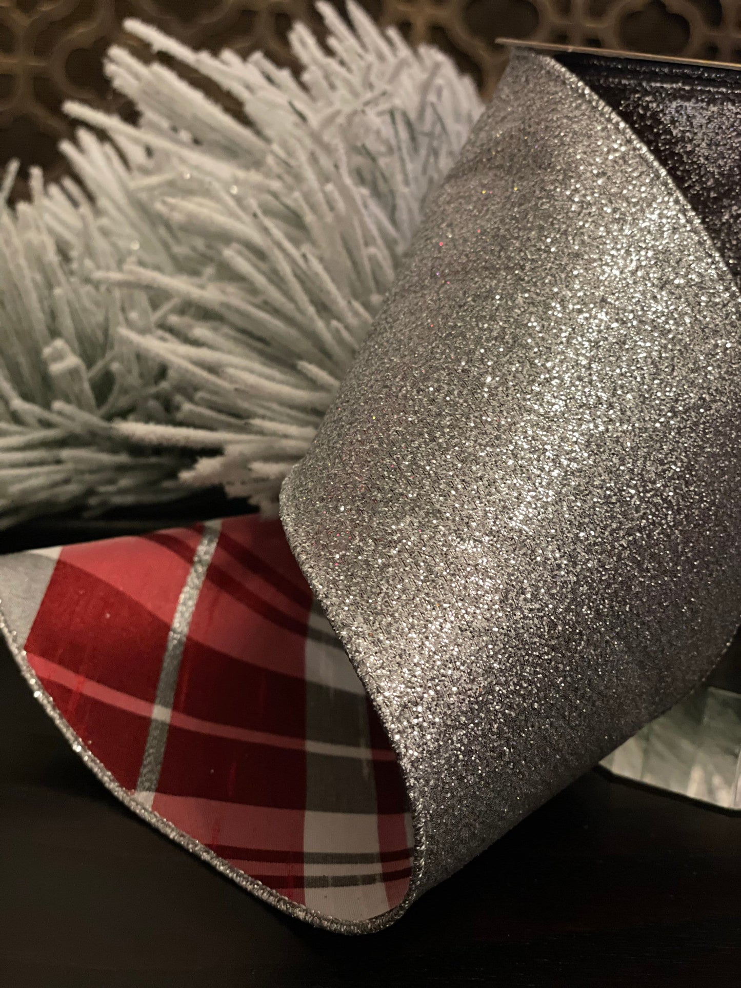 4" X 10 Yards Plaid on the bias. Red and silver. Farrisilk.