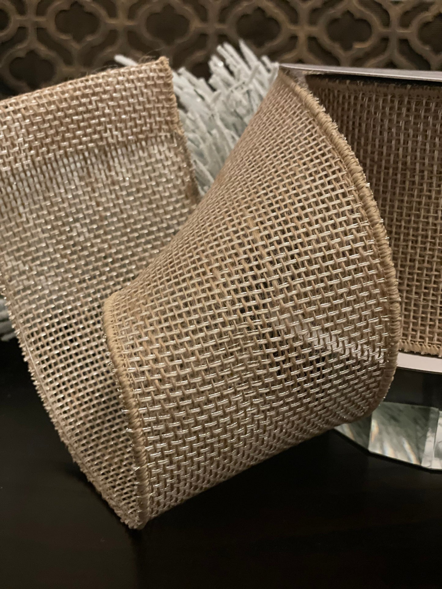 4" X 10 Yards Plaid on Jute. natural. Farrisilk. Wired.