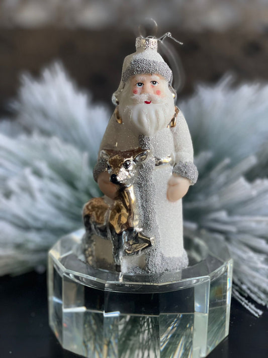 6" glass beaded santa w/deer ornament