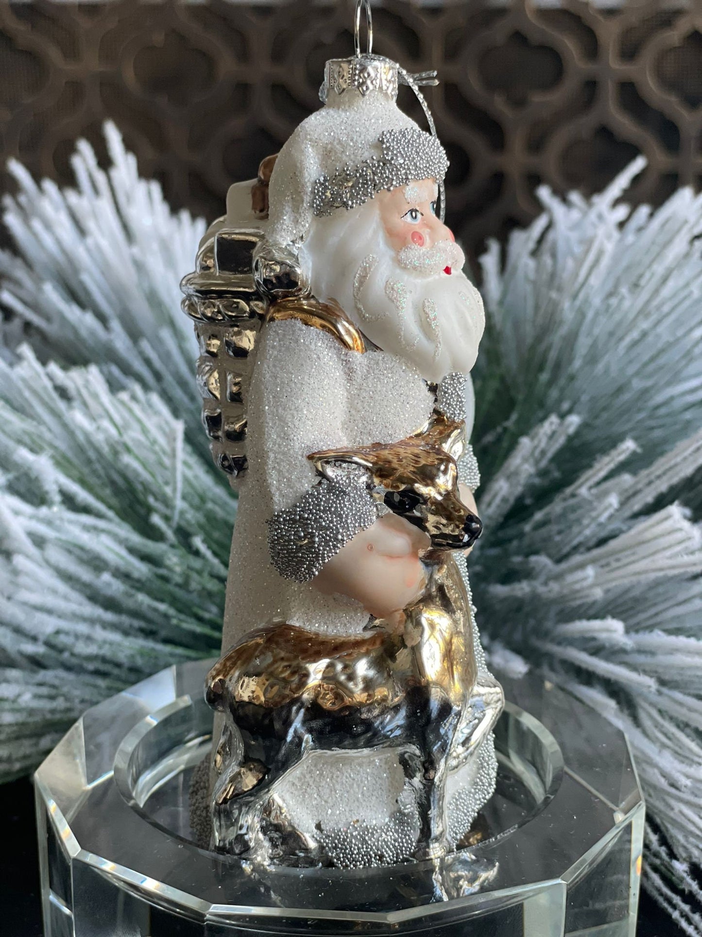 6" glass beaded santa w/deer ornament