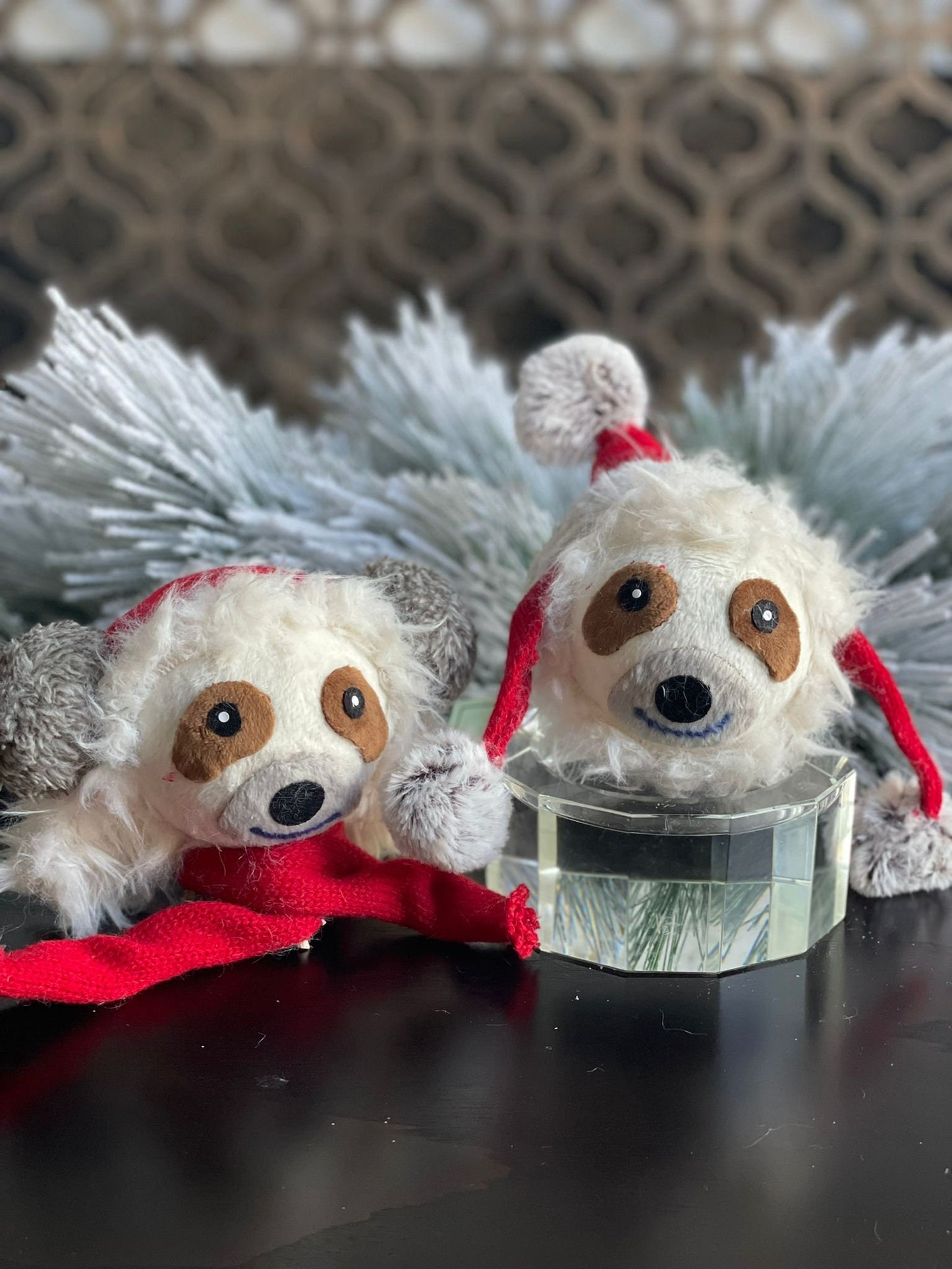 SET of 2. 7" dog face with hat and scarf ornament.