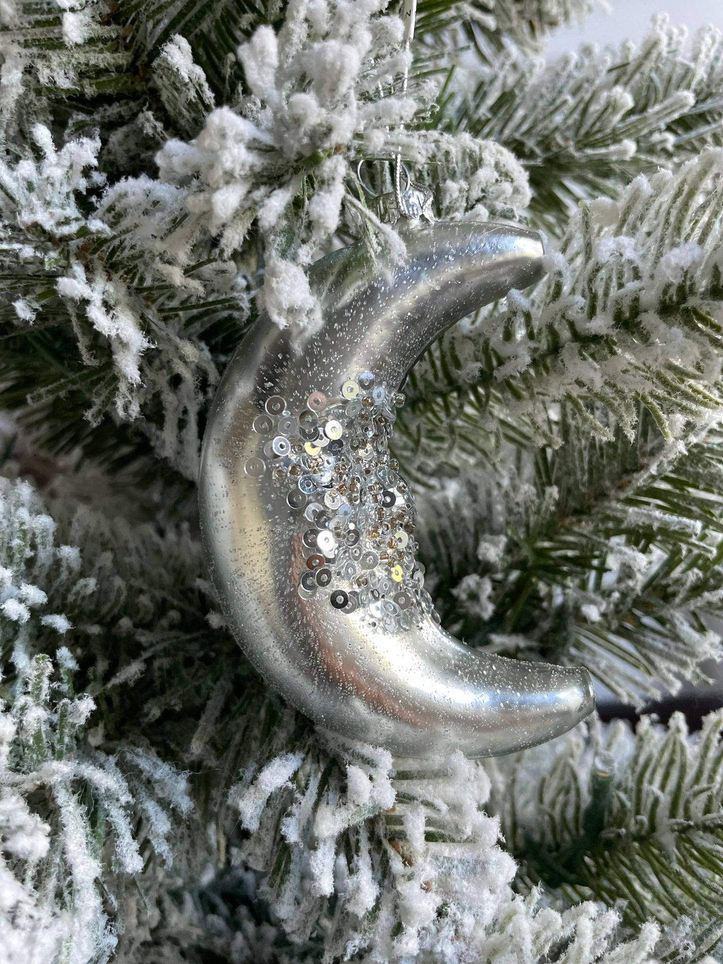 4"glass glitter/sequin half moon ornament