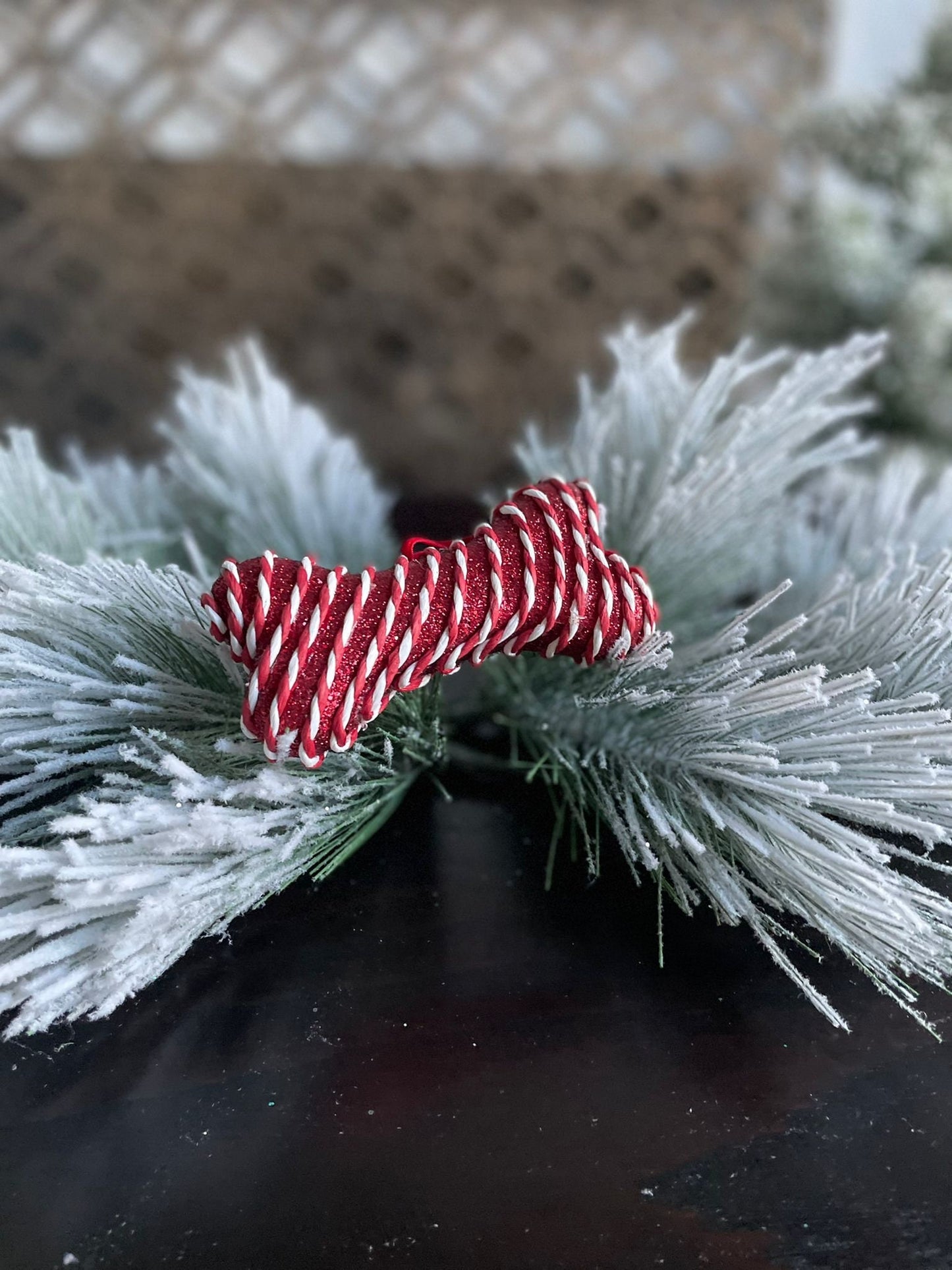 SET of 3. 5"metallic fabric peppermint bone ornament.