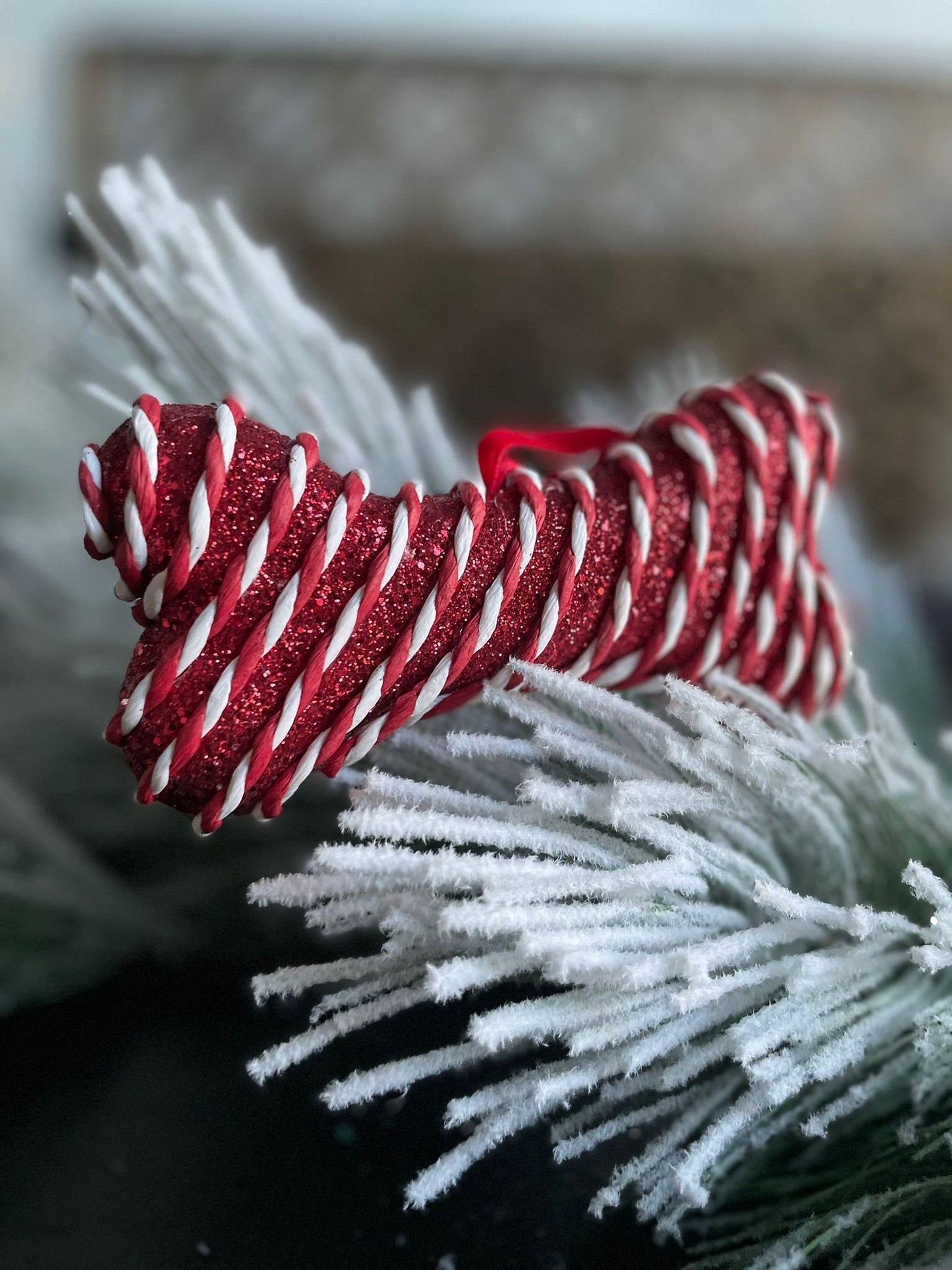SET of 3. 5"metallic fabric peppermint bone ornament.