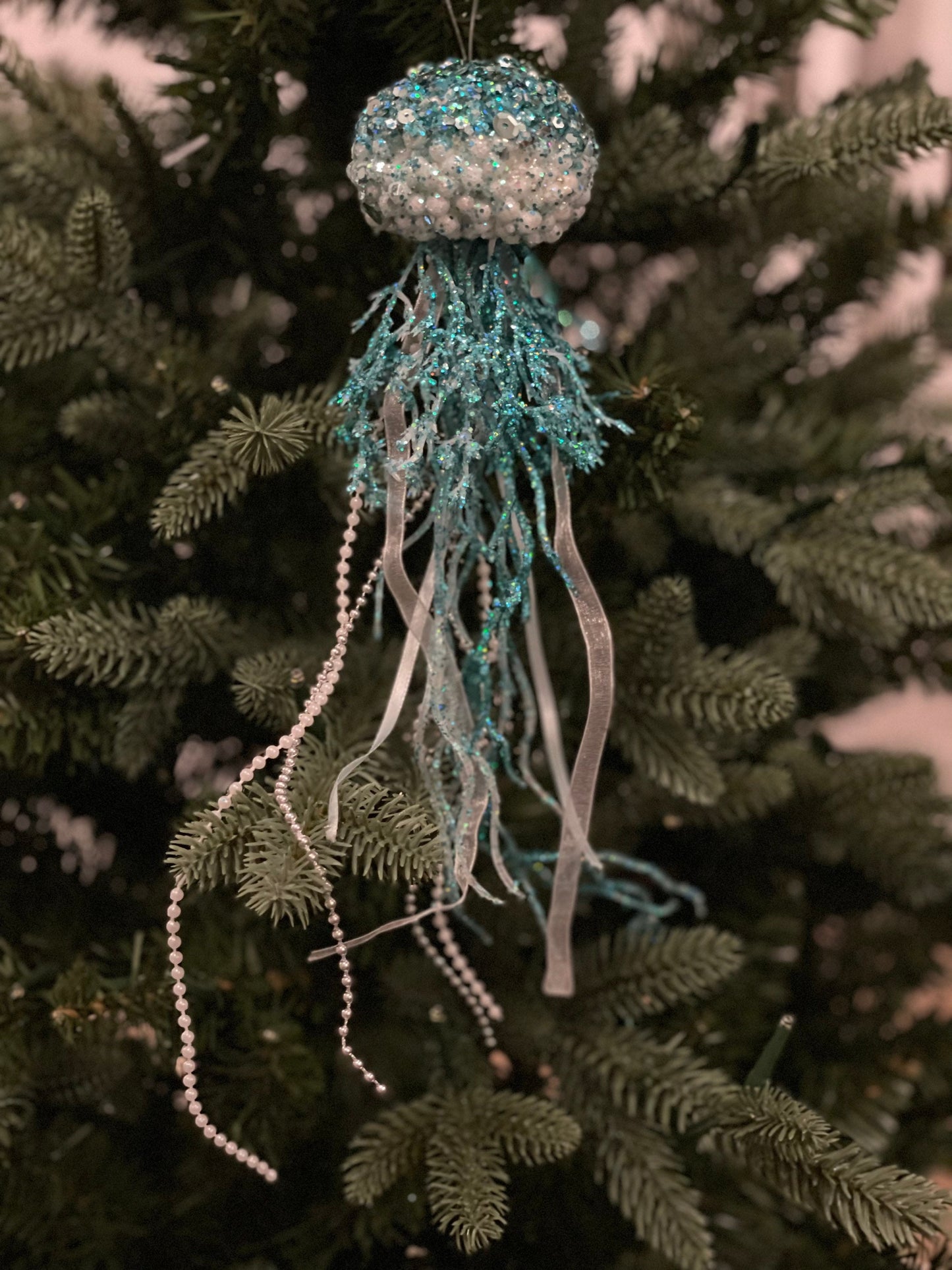 SET of 2. 12"glitter sequins styro jelly fish ornament. Sea or beach theme ornament.