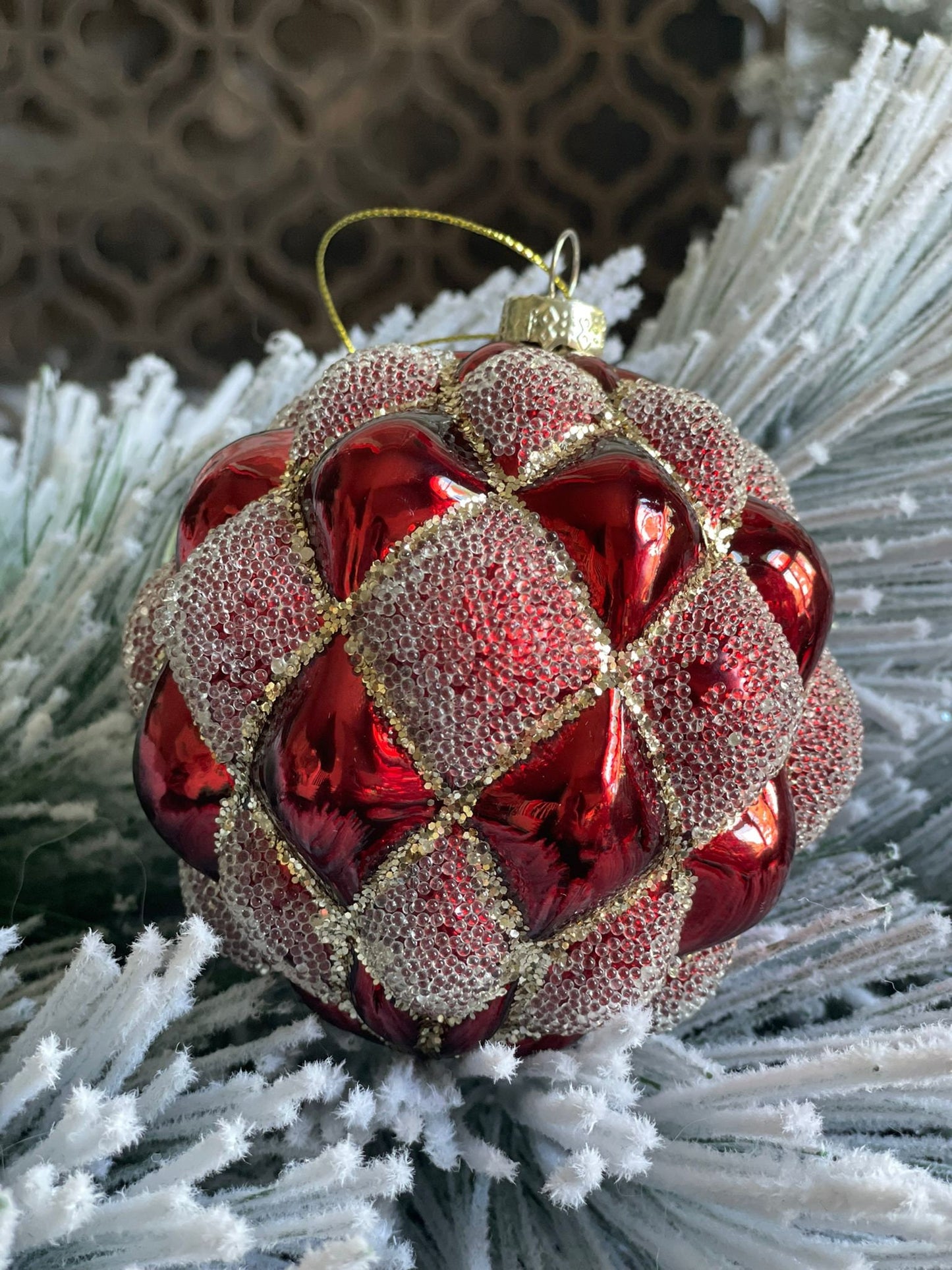 4" glass beaded quilted ball ornament. Red.*