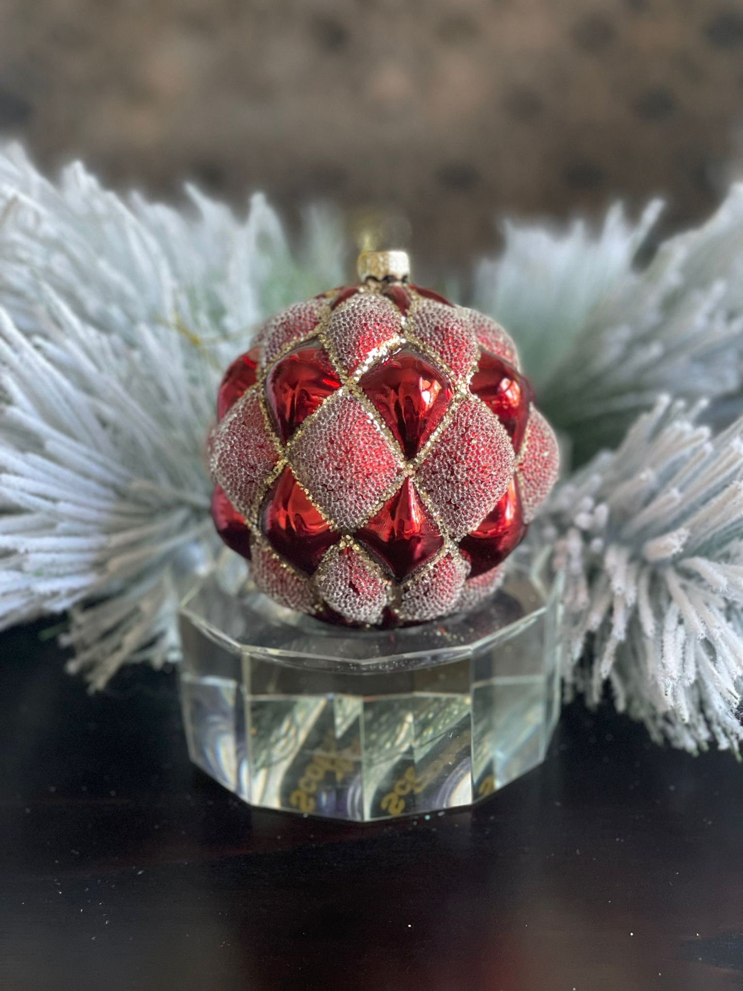4" glass beaded quilted ball ornament. Red.*