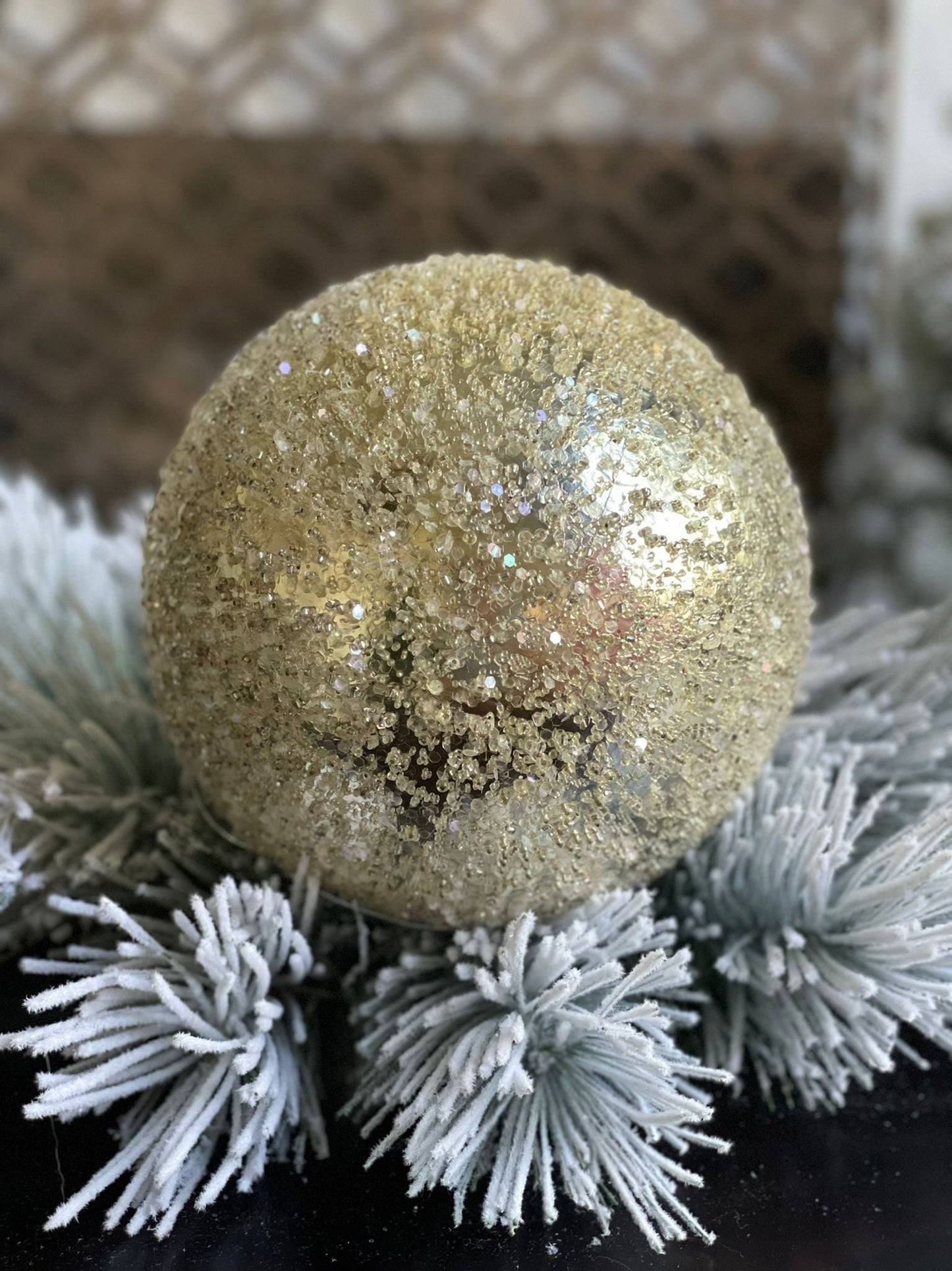 8" Iced metallic ball ornament.*