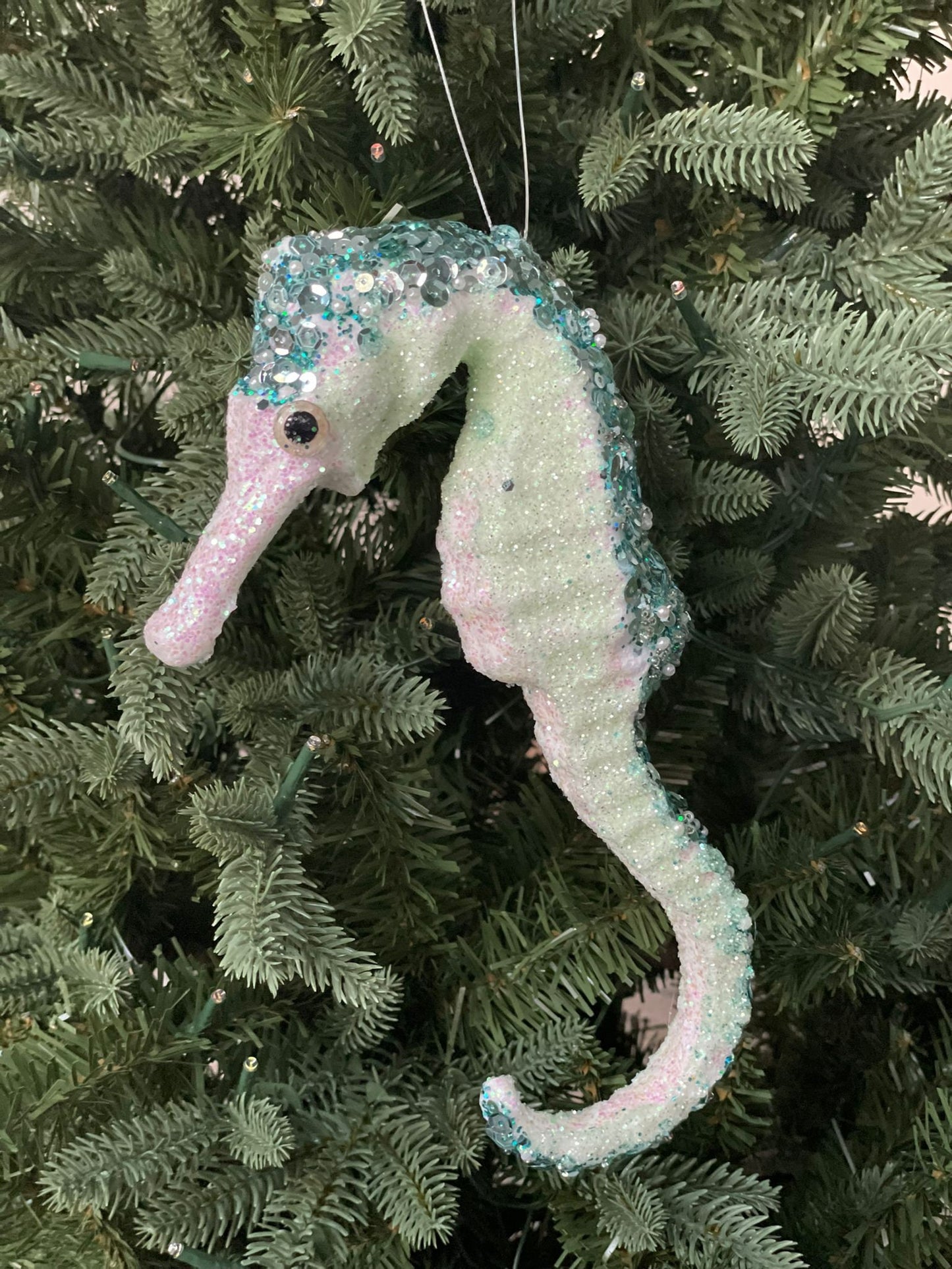 10"glitter and sequins styro seahorse ornament.*
