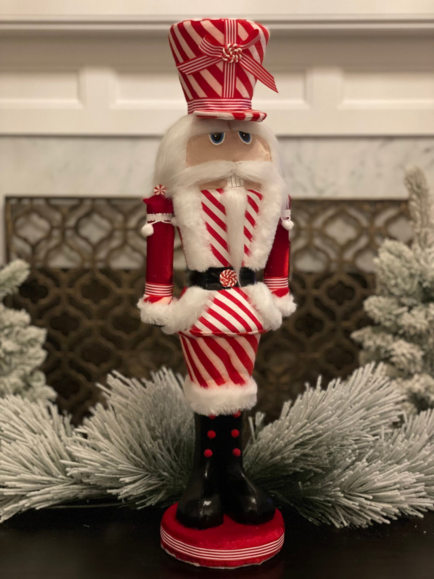 25" Nutcracker peppermint fabric styro. Candy nutcracker.