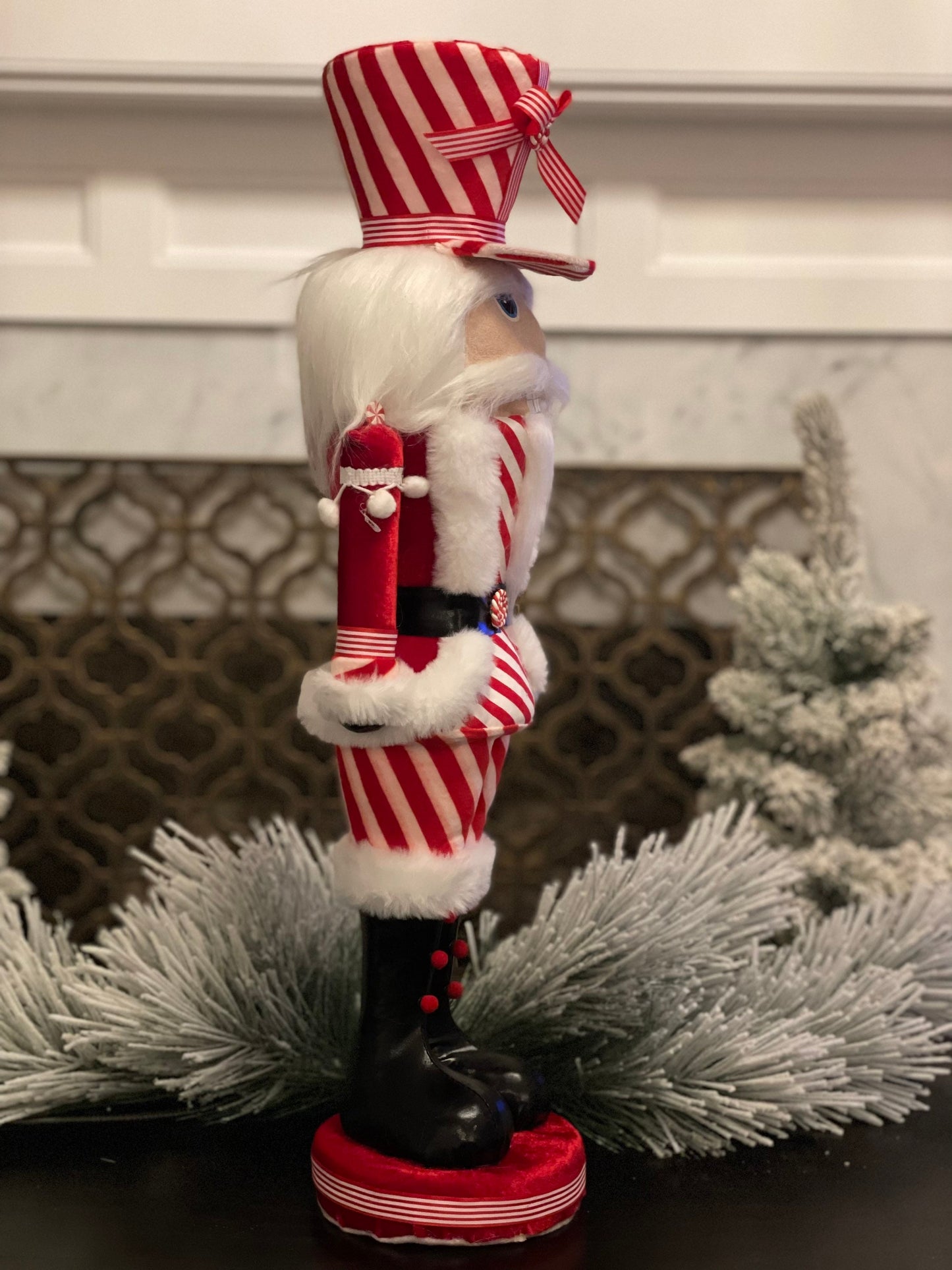 25" Nutcracker peppermint fabric styro. Candy nutcracker.