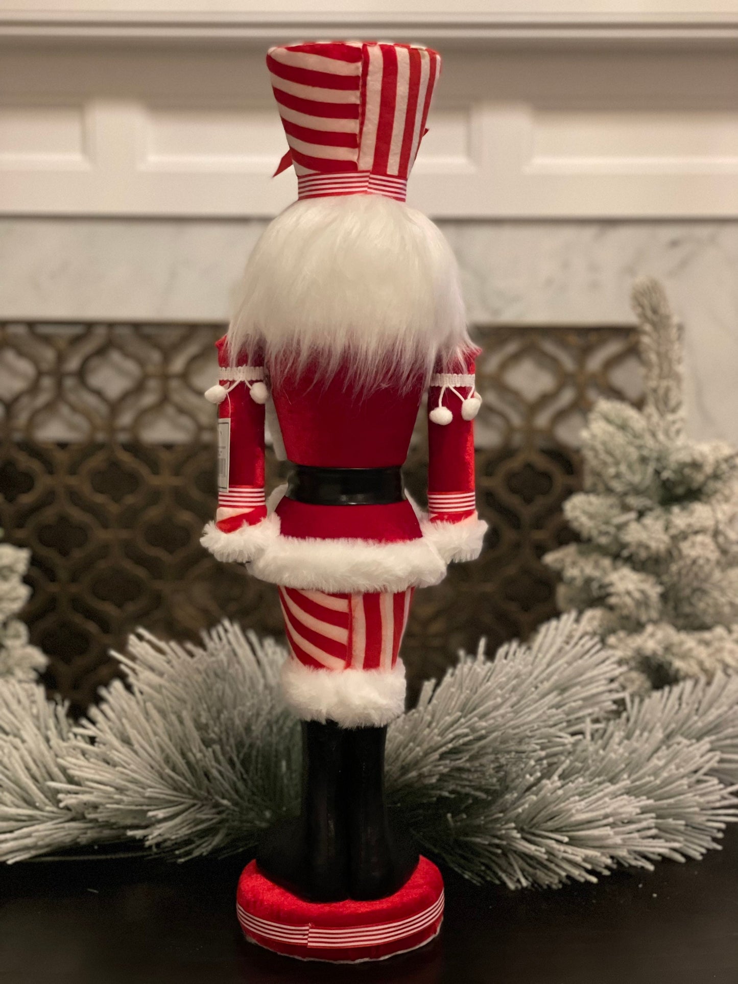 25" Nutcracker peppermint fabric styro. Candy nutcracker.