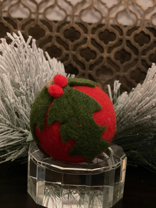 4” felt holly leaf ball ornament. SET of 2.